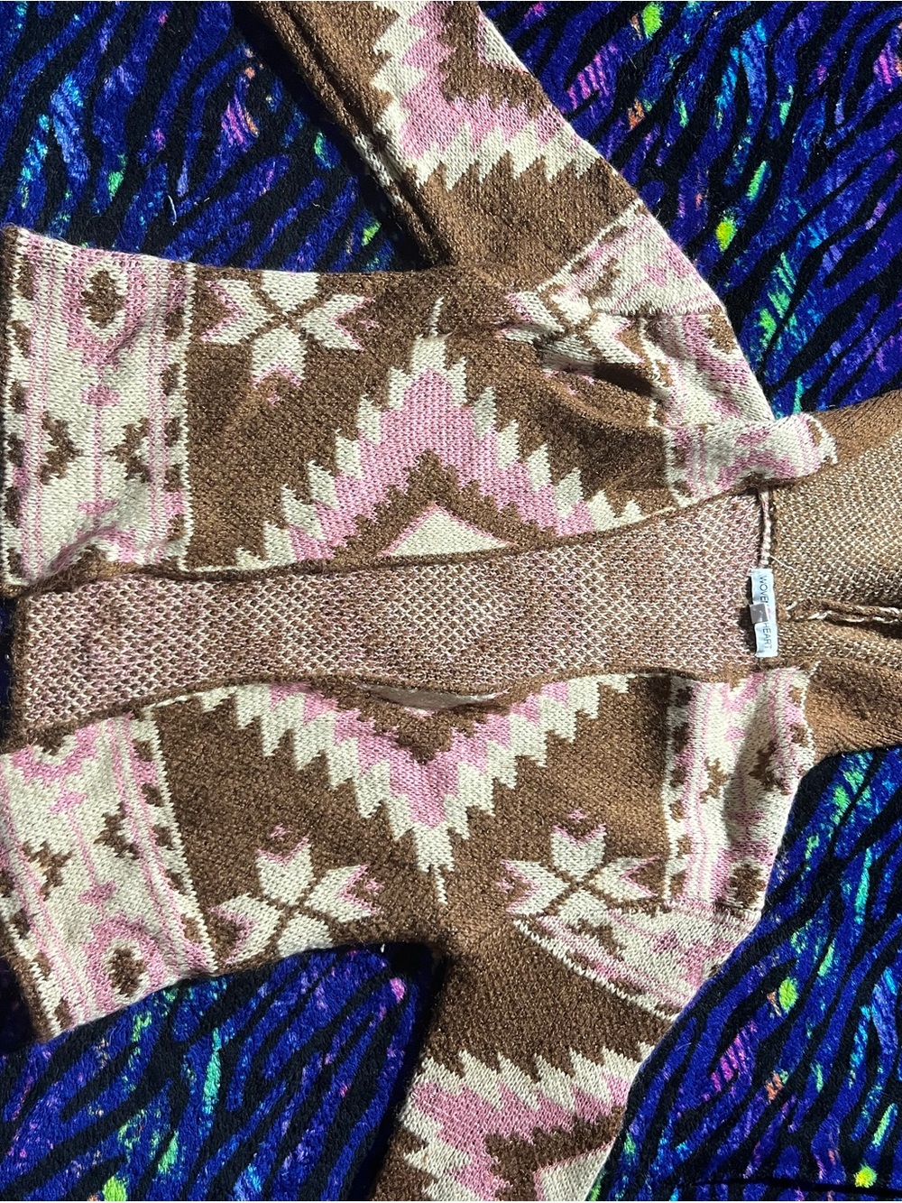 Aztec Knit Zip-Up Cardigan in Brown and Pink